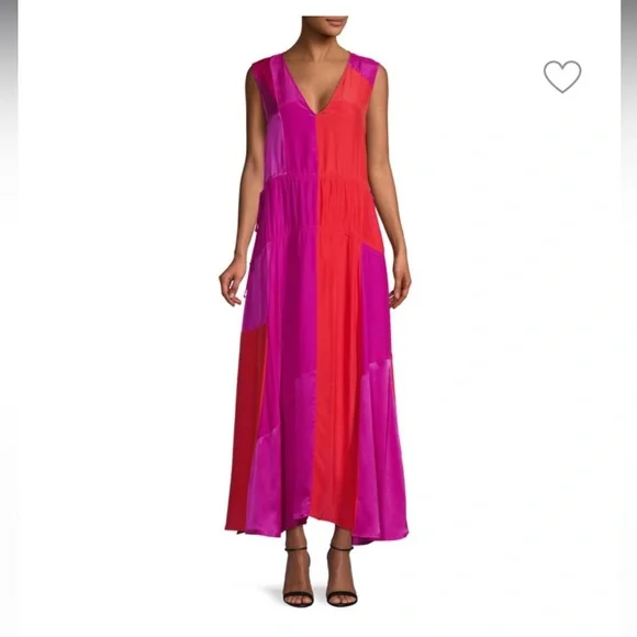 amur pink and orange dress AMUR Lotta Color-Blocked Silk Maxi Dress